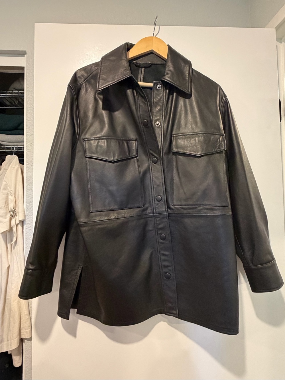 Oversized Black Leather Button-Front Jacket